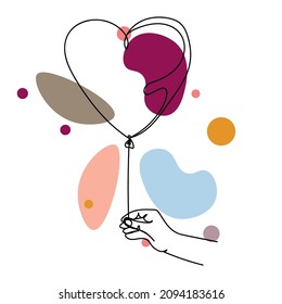 Continuous one simple single line drawing of hand holding heart balloon icon in silhouette on a white background. Linear stylized.
