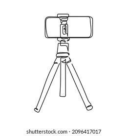 Continuous one simple single line drawing of smart phone on a tripod icon in silhouette on a white background. Linear stylized.