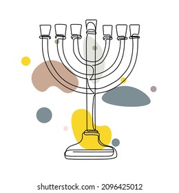 Continuous one simple single line drawing of hanukkah menorah icon in silhouette on a white background. Linear stylized.