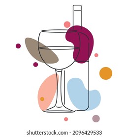 Continuous one simple single line drawing of wine bottle with wine glass icon in silhouette on a white background. Linear stylized.