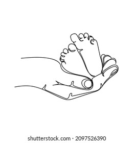 Continuous one simple single line drawing of baby newborn on the mother hand icon in silhouette on a white background. Linear stylized.