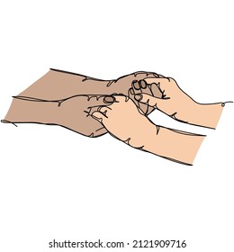 Continuous one simple single line drawing of religious hands and praying together icon sketch in silhouette on a white background. Linear stylized.