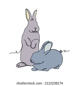 Continuous one simple single line drawing of rabbits icon in silhouette on a white background. Linear stylized.