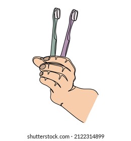 Continuous one simple single line drawing of hand holding with teeth brush icon in silhouette on a white background. Linear stylized.