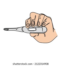 Continuo un simple dibujo de una sola línea de la mano sujetando el icono del termómetro electrónico en la silueta sobre un fondo blanco. Linear estilizado.
