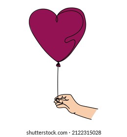 Continuous one simple single line drawing of hand holding heart balloon icon in silhouette on a white background. Linear stylized.