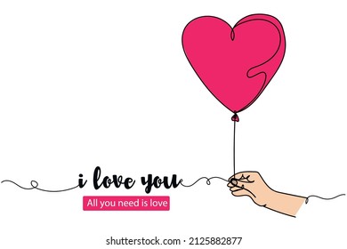 Continuous one simple single line drawing of hand holding heart balloon icon in silhouette on a white background. Linear stylized.