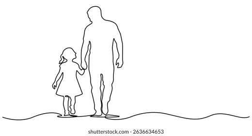 continuous one single black line art doodle drawing of Father and child walking hand in hand father day concept illustration. Happy father's day concept line art. Editable stroke vector.