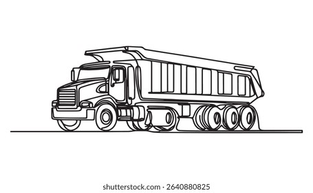 continuous one single black line art doodle drawing of dump truck illustration on white background