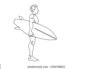 Continuous one single drawn line of a surfer with a surfboard on the beach