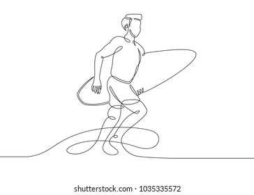 Continuous one single drawn surfer line on a surfboard on the crest of a wave on the beach
