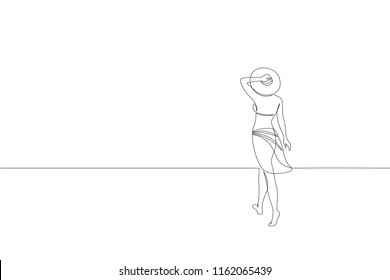 Continuous one single line art girl walking on sand beach concept. Beautiful woman portrait tropical holiday travel seashore hand drawn sketch. Beauty young lady horizont white vector illustration