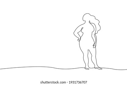 Continuous one single line art curvy girl concept  Beautiful woman body positive drawing sketch  Beauty plus size shape black white monochrome vector illustration