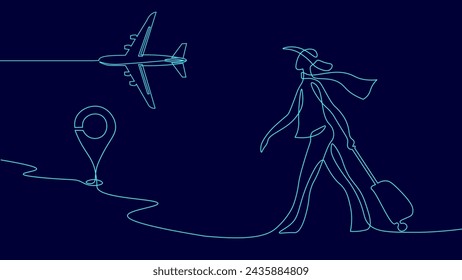  Continuous one single line art travel girl concept. Beautiful woman fashion tourist hand drawn sketch. Summer voyage agency white monochrome vector illustration