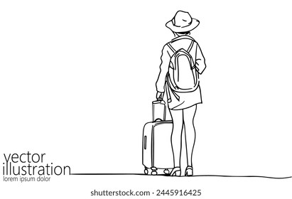  Continuous one single line art travel girl concept. Beautiful woman fashion tourist hand drawn sketch. Summer voyage agency white monochrome vector illustration