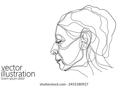  Continuous one single line art beautiful old woman face concept. Female portrait adult skin care anti aging effect hand drawn sketch. Black white monochrome vector illustration