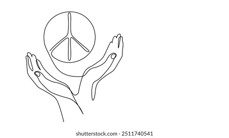 Continuous one single line art peace symbol in hands. No war peace agreement concept. Hand drawn sketch monochrome vector illustration