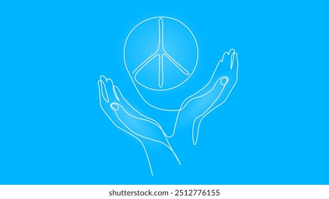  Continuous one single line art peace symbol in hands. No war peace agreement concept. Hand drawn sketch monochrome vector illustration