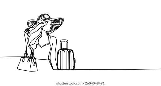  Continuous one single line art travel girl concept. Beautiful woman fashion tourist hand drawn sketch. Summer voyage agency white monochrome vector illustration
