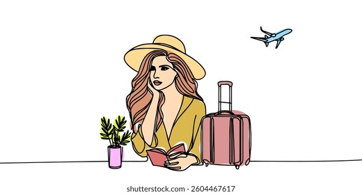 Continuous one single line art travel girl concept. Beautiful woman fashion tourist hand drawn sketch. Summer voyage agency white monochrome vector illustration