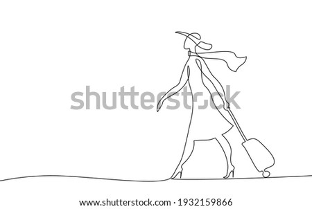 Continuous one single line art travel girl concept. Beautiful woman fashion tourist hand drawn sketch. Summer voyage agency white monochrome vector illustration