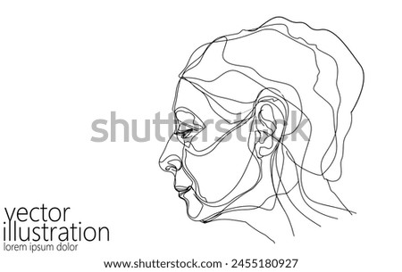  Continuous one single line art beautiful old woman face concept. Female portrait adult skin care anti aging effect hand drawn sketch. Black white monochrome vector illustration