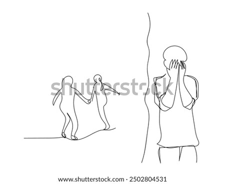 Continuous one single line art children playing outside in the park hiding behind the wall line art design.
 a shy boy is closing his eyes and face. Boys and Girls Fun on Playground.