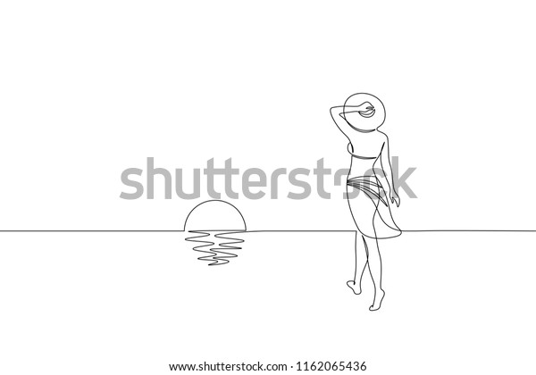 砂浜のコンセプトに沿って歩く一本線のアートガールが続く 美しい女性の夕日の熱帯の旅の海岸で手描きのスケッチ 美女の横に並ぶ白いベクターイラスト のベクター画像素材 ロイヤリティフリー