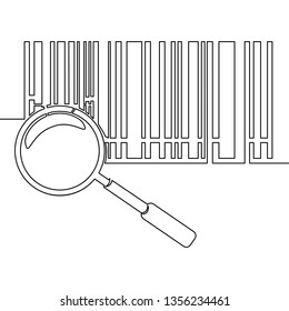 Continuous one single line bar code with magnifying glass icon vector illustration concept