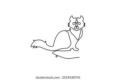 Continuous one single line of cute cat lying on the floor isolated on white background, Sleeping Cat in continuous one line art style. Cat with curled tail.