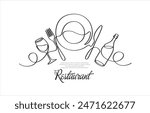 Continuous one single line drawing of plate, fork, knife, bottle of wine and glass. Restaurant menu. Menu food design. Vector illustration.