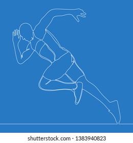 Continuous one single line drawing athlete running fast vector illustration concept