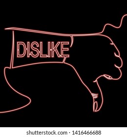 Continuous one single line drawing Hand with thumb down, dislike icon neon glow vector illustration concept
