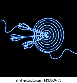 Continuous one single line drawing arrow in target icon neon glow vector illustration concept