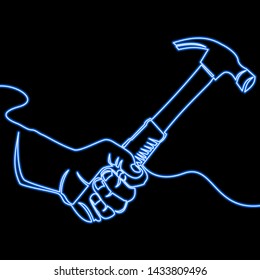 Continuous one single line drawing hammer icon neon glow vector illustration concept