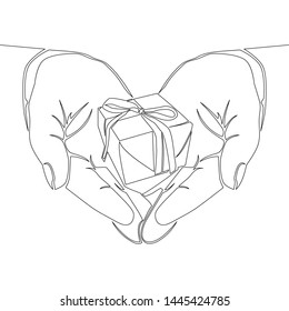 Continuous one single line drawing gift box with ribbon bow in hands icon vector illustration concept