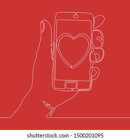 Continuous one single line drawing smartphone heart Social media Love message icon vector illustration concept