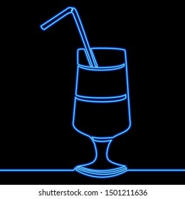 Continuous one single line drawing cocktail Glass icon neon glow vector illustration concept