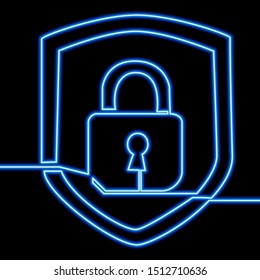 Continuous one single line drawing Padlock blue icon neon glow vector illustration concept