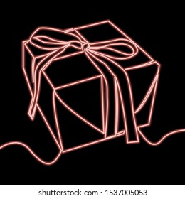 Continuous one single line drawing Present Box icon neon glow vector illustration concept