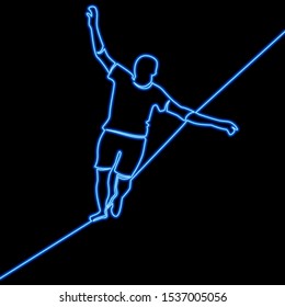 Continuous one single line drawing ambitious man walking a tightrope taking risk icon neon glow vector illustration concept