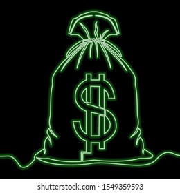 Continuous one single line drawing Money bag neon glow vector illustration concept