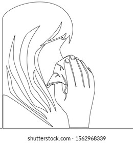 Continuous one single line drawing Woman sneezes seasonal infection icon vector illustration concept