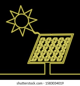 Continuous one single line drawing Solar panel yellow neon glow vector illustration concept