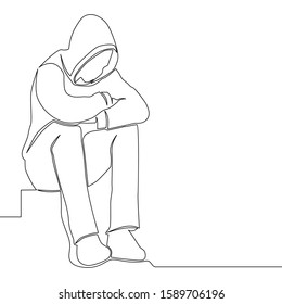 Continuous one single line drawing sad man sitting alone solitude icon vector illustration concept