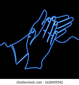 Continuous one single line drawing Clapping hands emoji Applause gesture icon neon glow vector illustration concept