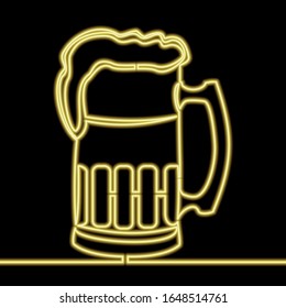 Continuous one single line drawing mug of beer icon neon glow vector illustration concept