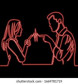 Continuous one single line drawing couple fighting and pointing finger at each other icon neon glow vector illustration concept