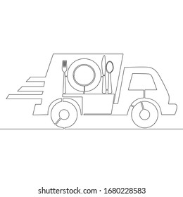 Continuous one single line drawing car food delivery service icon vector illustration concept