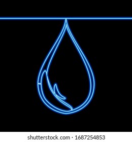 Continuous one single line drawing water drop icon neon glow vector illustration concept
